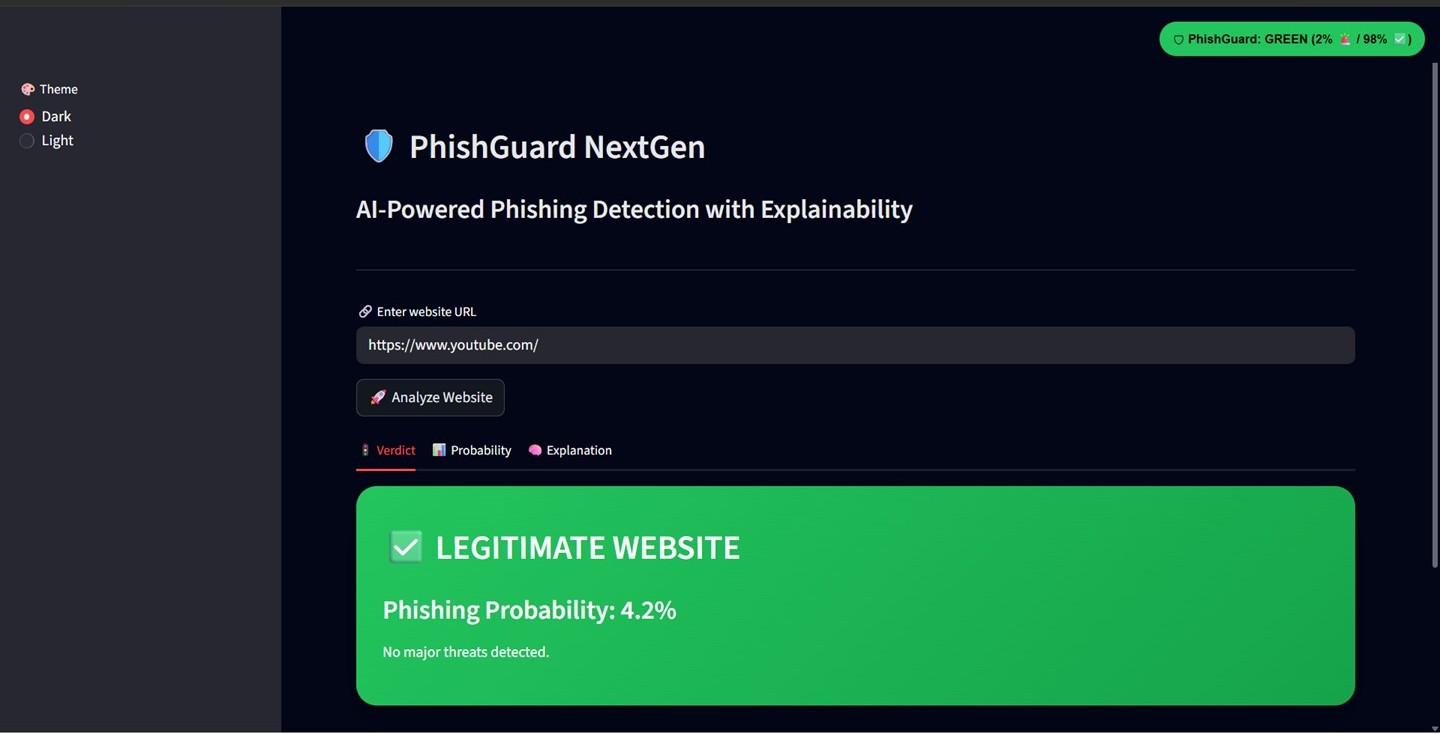 PhishGuard legitimate website detection result